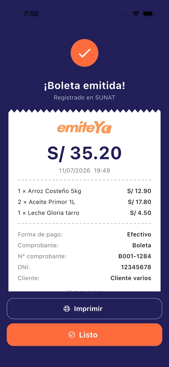 App EmiteYa: boleta emitida y registrada en SUNAT