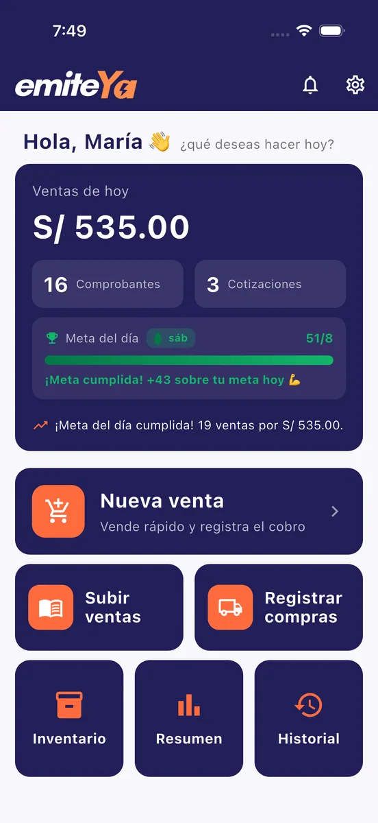 App EmiteYa: tus ventas del día y tu meta cumplida